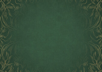 Warm green textured paper with vignette of golden hand-drawn pattern. Copy space. Digital artwork, A4. (pattern: p11-1a)