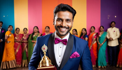 Handsome Indian Man in Blue Suit and Pink Bowtie with Trophy. Celebration and Achievement Concept.