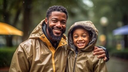 In the rain-soaked city, a dad and his little one share a delightful moment, their bond evident in their happy faces and matching raincoats.