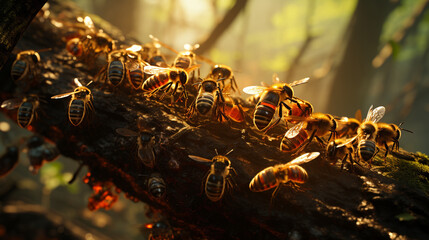 large colony of bee insects nesting in a tree, 3d generative ai