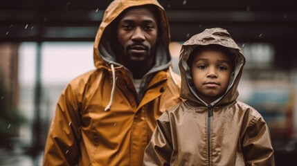 Father and child, both in cheerful raincoats, stroll together, their smiles reflecting the joy of the wet day. - obrazy, fototapety, plakaty