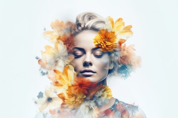 Double exposition. Portrait of a beautiful girl with flowers. Beauty, fashion.