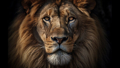 Majestic lion staring with alertness, beauty in nature strength generated by AI