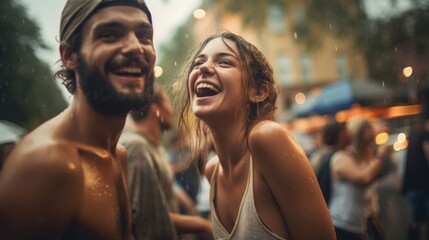 Happy dancing people at festival in the rain on the street. - obrazy, fototapety, plakaty