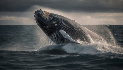 Majestic humpback breaches, tail fin soaring, in blue seascape generated by AI
