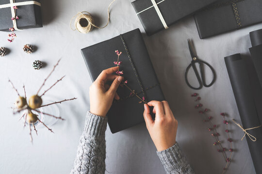 Woman Hands Gift Wrapping Christmas Presents