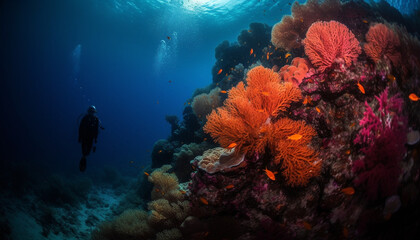 Naklejka na ściany i meble Deep sea adventure scuba diving into tropical reef landscape below generated by AI
