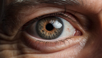 Naklejka premium Human eye staring at camera, selective focus on iris and eyelash generated by AI