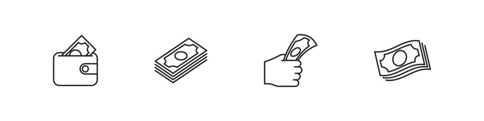 Money outline vector icon set. Cash in wallet and hand holding bills icons.