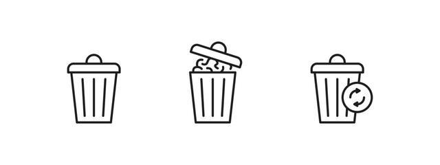 Trash bin vector icon set. Garbage can, closed full of junk and recycling icons. © Pavlo