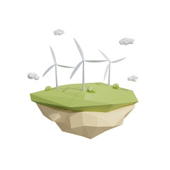 Obraz premium Wind mill, wind turbine. Renewable wind energy. Low Poly World for Game casual design. Floating isometric block island with eco friendly energy concept. Cartoon illustration. 3D Rendering. PNG