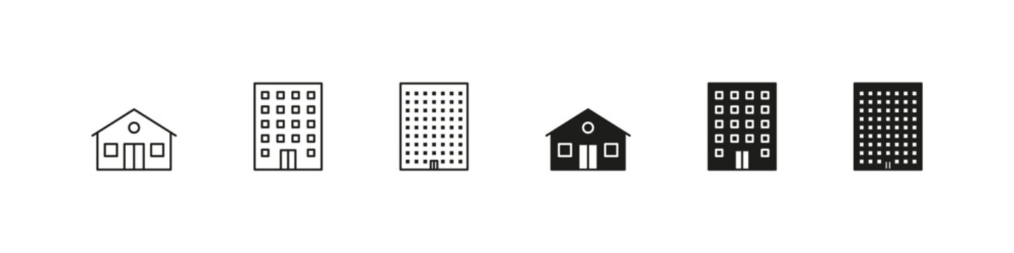 House icon set. Small home building and big apartment house icons. Real estate symbol collection.