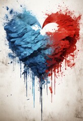 A heart drawn with watercolors in blue and red. Valentine's Day.