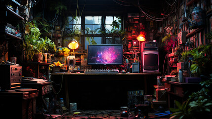 meets cyberpunk aesthetic plants grow everywhere, psychedelic neon colors meet crazy maximalism 3d generative ai