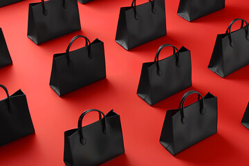 Pattern of black women's handbags made of leather on a red background. Design for a web store of bags. Sale, black friday - obrazy, fototapety, plakaty
