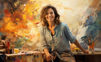 Fototapeta premium Talented female artist in fornt of abstract oil painting, using paint brushes she creates modern masterpiece. Light and messy creative studio where large canvas is in the background illuminated.