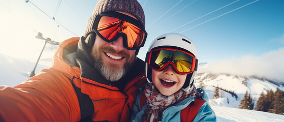 Selfie of happy father and son in snowboard equipment, glases on snowy ski resort. Familly vacation. Winter holidays concept. Generative ai - obrazy, fototapety, plakaty