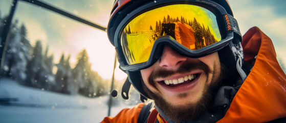Selfie of smiling skier or snowboarder on top mountain. ski resort.  Winter traveling, vacation. Generative ai - obrazy, fototapety, plakaty