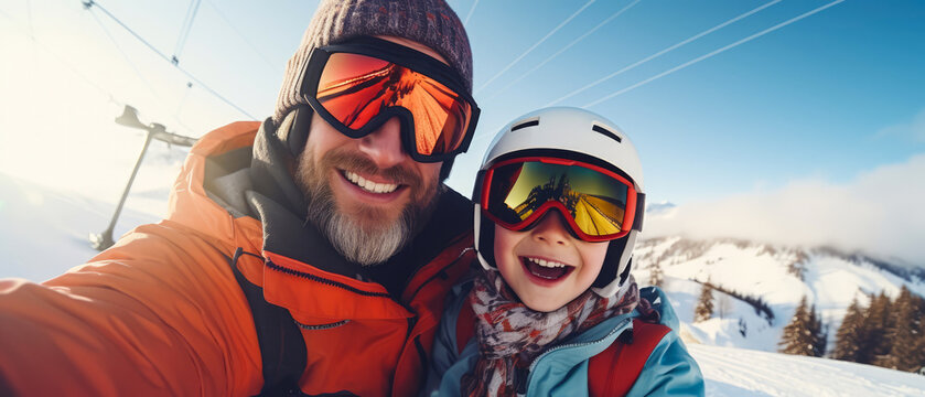 Selfie of happy father and son in snowboard equipment, glases on snowy ski resort. Familly vacation. Winter holidays concept. Generative ai