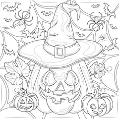 Halloween pumpkin in a witch's cap and a spider's web.Coloring book antistress for children and adults. 