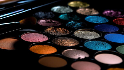 Naklejka premium Vibrant colors of eyeshadow palette create glamorous make up collection generated by AI
