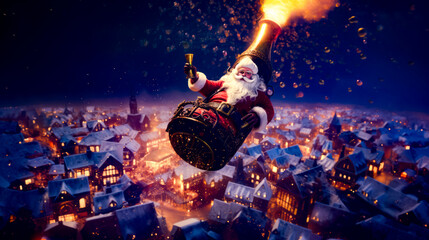 Santa clause flying through the air with bottle of wine in his hand. - obrazy, fototapety, plakaty