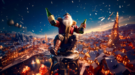 Santa clause sitting on top of building with bottle of beer.