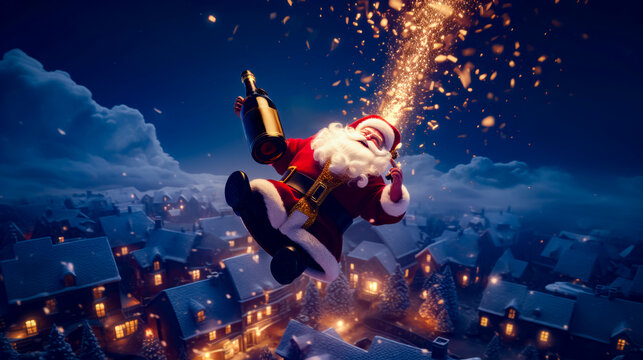 Santa clause flying through the air with bottle of champagne in his hand.