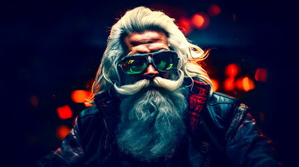 Fototapeta premium Man with long white hair and beard wearing sunglasses and leather jacket.