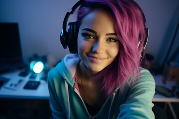Chica gamer de pelo rosa jugando a videojuegos  con auriculares. Nuevos trabajos, concepto.  - obrazy, fototapety, plakaty