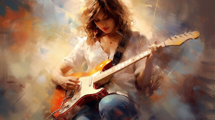 Stunning Oil Painting Liquid Art of A Beautiful Woman Guitar Player on The Canvas Abstract Background - obrazy, fototapety, plakaty