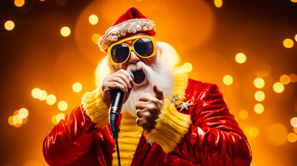 Man dressed as santa clause singing into microphone in front of bright lights. - obrazy, fototapety, plakaty