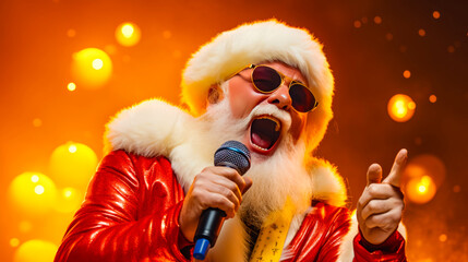 Man in santa suit holding microphone and singing into microphone.