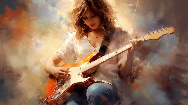 Stunning Oil Painting Liquid Art of A Beautiful Woman Guitar Player on The Canvas Abstract Background
