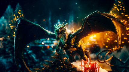 Christmas tree with dragon figurine sitting on top of it.
