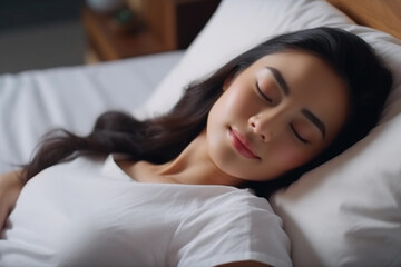 Obraz na płótnie Canvas Asian Woman Sleeping Comfortably in Bed, Health and Relaxation Generative Ai.