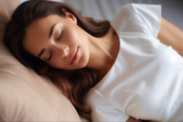 Obraz na płótnie Canvas A woman sleeps blissfully in a sunny bedroom on a white bed Generative Ai.