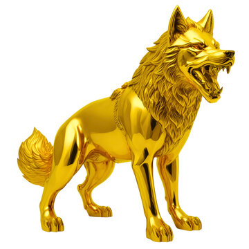 Golden angry wolf statue isolated on transparent background