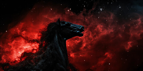 Obraz na płótnie Canvas Horsehead Nebula, dark silhouette foreground, glowing red background gas, intricate fractal patterns, contrast levels maximized