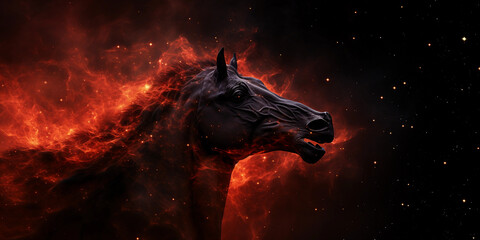 Obraz na płótnie Canvas Horsehead Nebula, dark silhouette foreground, glowing red background gas, intricate fractal patterns, contrast levels maximized