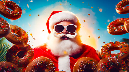 Man dressed as santa clause holding doughnut in front of group of donuts. - obrazy, fototapety, plakaty