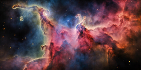Obraz premium Carina Nebula, bursting with hot pink, neon green, and deep blues, vibrant energy, young star clusters