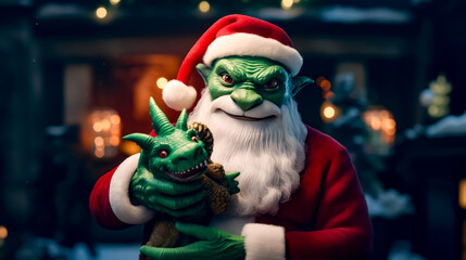 Close up of statue of person holding green creature with christmas hat on. - Powered by Adobe