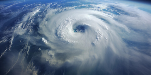 powerful hurricane from a satellite view, swirling clouds, ocean churning, overlaid data and trajectories