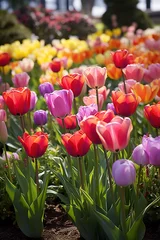 Wandcirkels aluminium A vibrant garden patch displaying tulips in a medley of radiant colors. © Nate