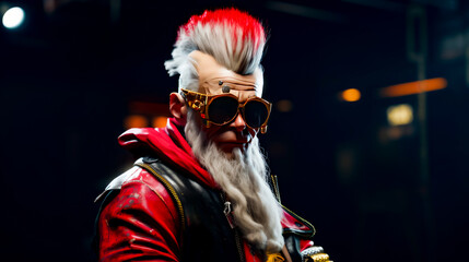 Close up of person with long white beard and red hair.