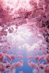 Cherry blossoms in full bloom, creating a soft pink curtain against the sky.