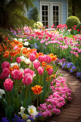 A vibrant garden patch displaying tulips in a medley of radiant colors.