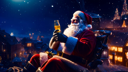 Man dressed as santa claus holding glass of beer in his hand.