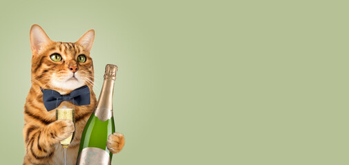 Happy cat in a bow tie holds a glass of champagne on a green background.